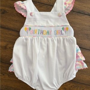 Smocked Birthday Girl White and Pink One Piece